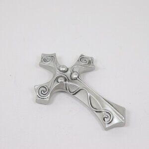 Handheld Metal Palm Cross Praying Pocket Cross Silver Tone w/ Design 4.5" x 3"